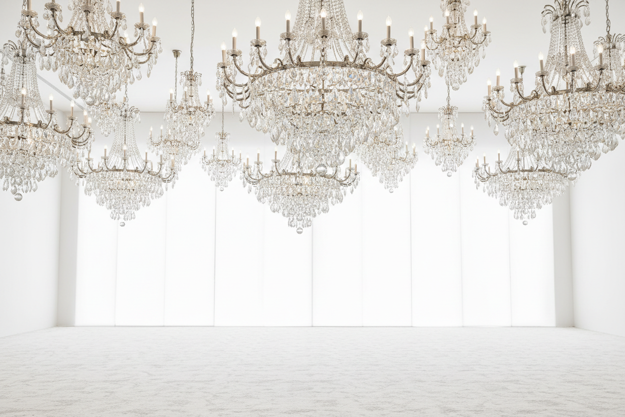 white background with grand chandeliers